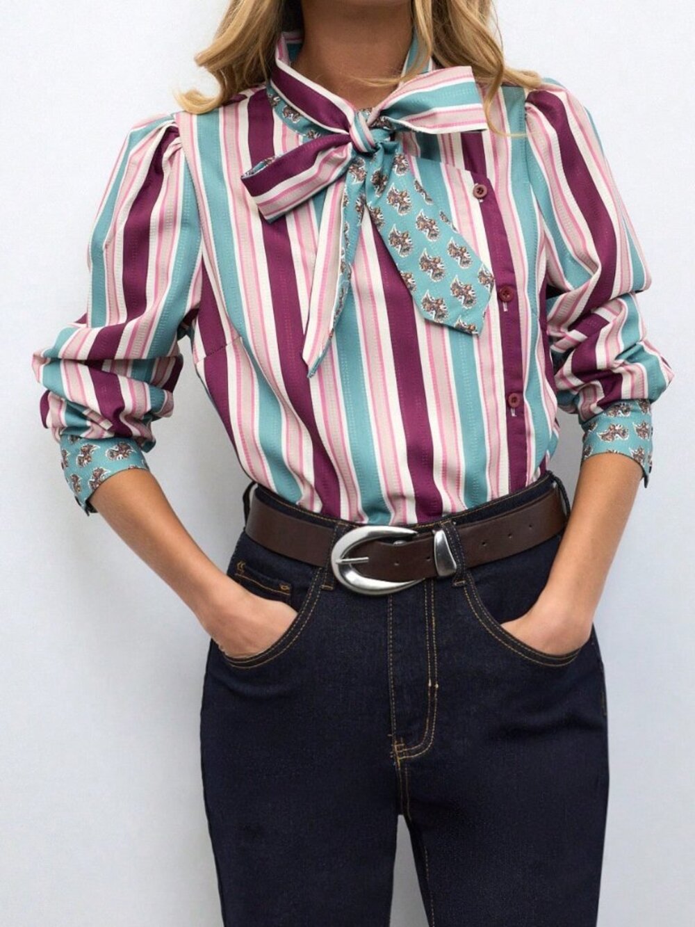 Multicolor Elegant Women's Striped Tie Neck Bishop Sleeve Button Knot Shirt